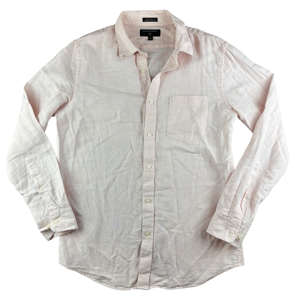 Banana Republic Pink Linen Pinstripe Slim Fit Button Front Shirt Size MEDIUM
